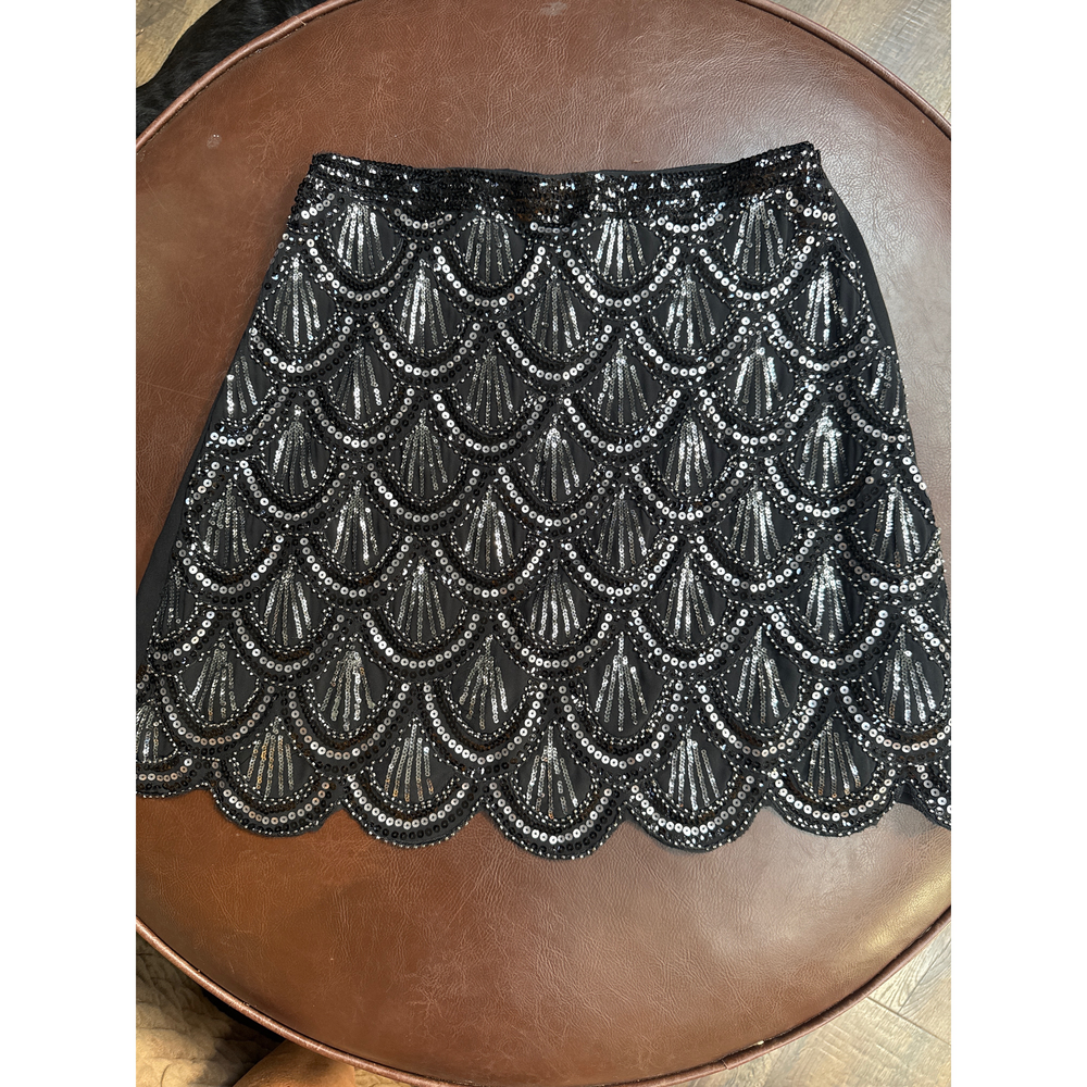 Blue Rain Black Sequin Scalloped Mini Skirt